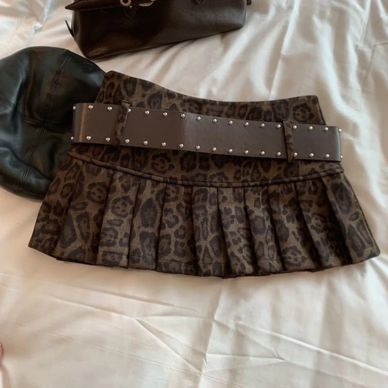 Leopard Print High-waist Short Skirt Y2k Girl Slim Pleated Skirts High Street Retro A-line Skirt
