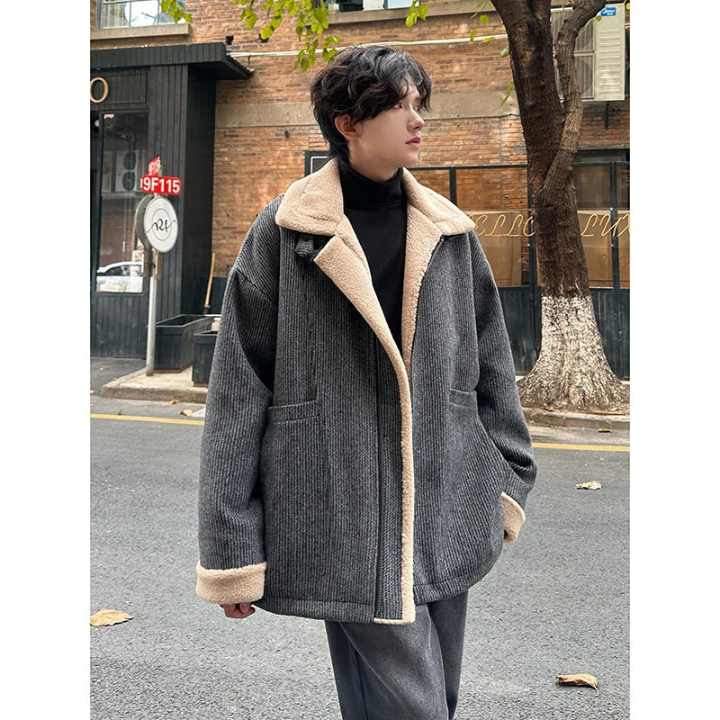Berber Fleece Jacket Parka Coats Multi-pockets Stand Collar Casual Thick Warm Jacket Man Khaki/Dark Gray