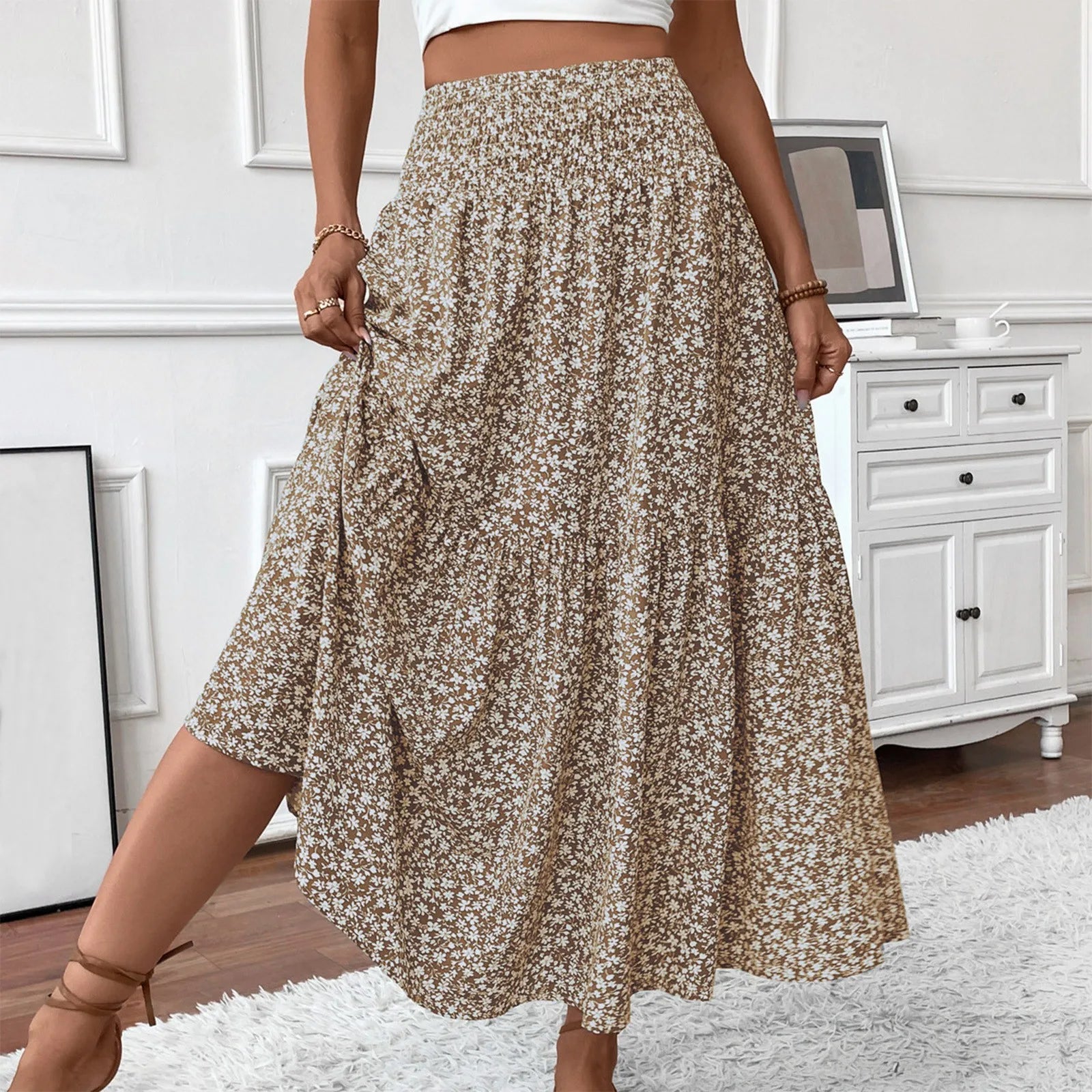 Pleated Floral Print Elastic Waist Loose Splicing A Line Skirt Skirts