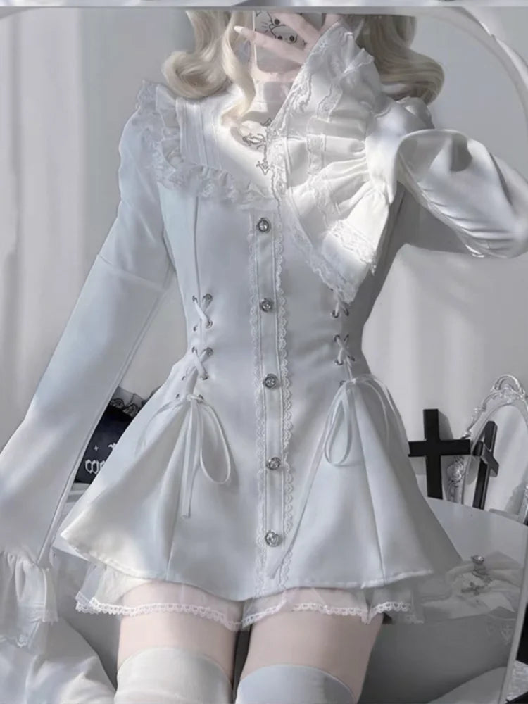 Gothic Vintage Girl Slim Patchwork Dress High Street Lace Skinny Long Sleeve Dresses France Sweet White Clothing New