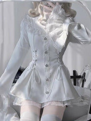 Gothic Vintage Girl Slim Patchwork Dress High Street Lace Skinny Long Sleeve Dresses France Sweet White Clothing New