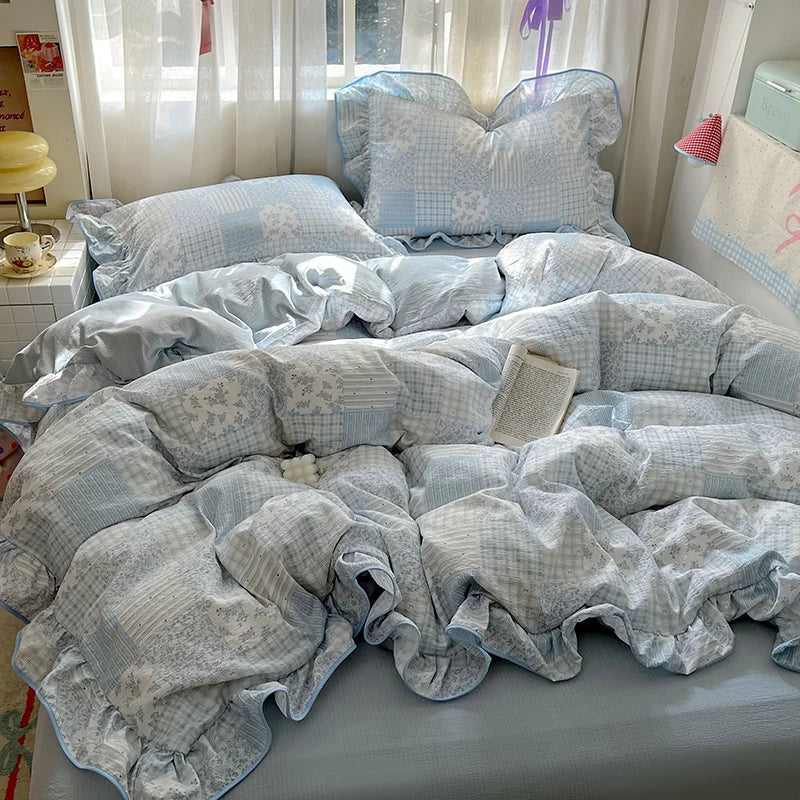Ruffles Bedding Set Floral Style Duvet Cover Pillowcase with Bedsheet Skin-friendly Bed Linen Set Girls Room Bedclothes 이불세트