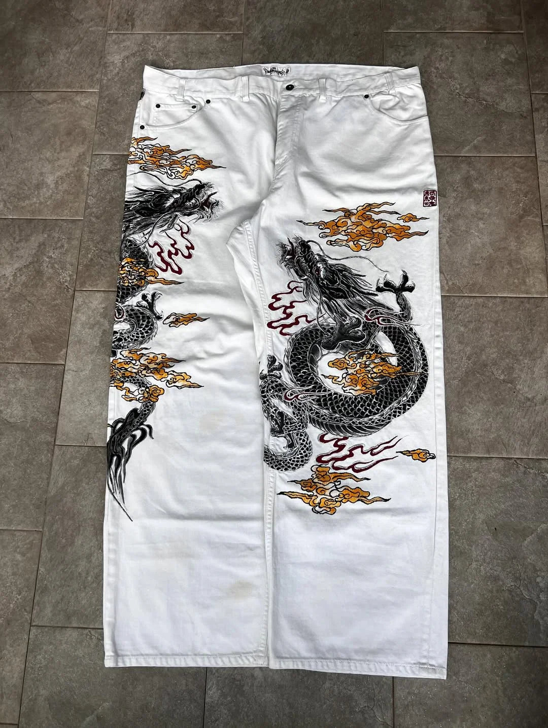 Unisex White Red Tribal Flame Print Loose Wide Leg Jeans Y2K Grunge Streetwear Oversized Denim Pants