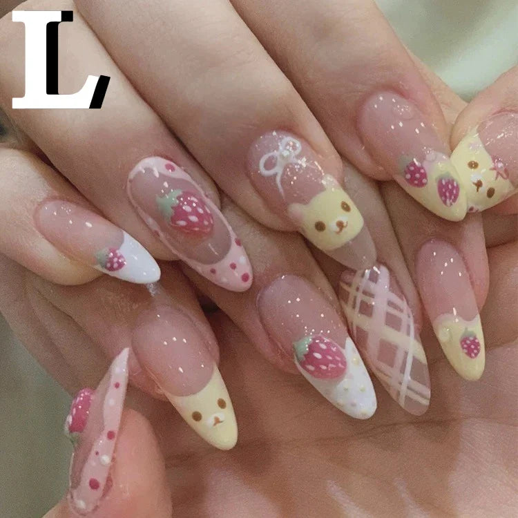 10Pcs Almond Press on Nails with Pink Strawberry Bear Design Acrylic False Nails Cute Full Cover Sweet Girl Wearable Nail Tips