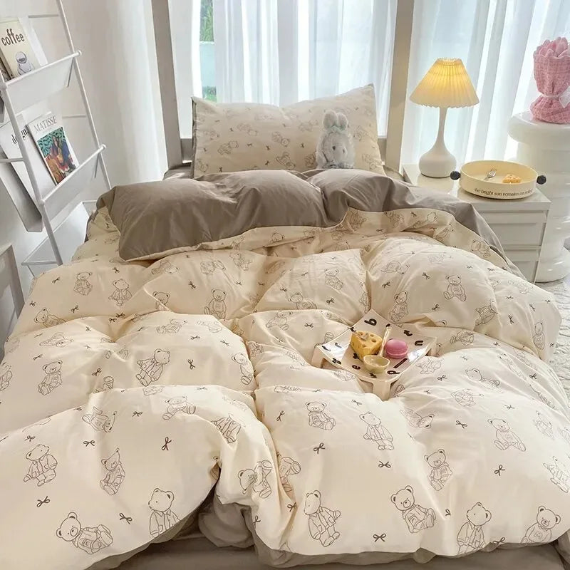 Ins-style Class A ultra-soft double-layer yarn washed cotton 4-piece set, cute quilt cover, student dormitory single