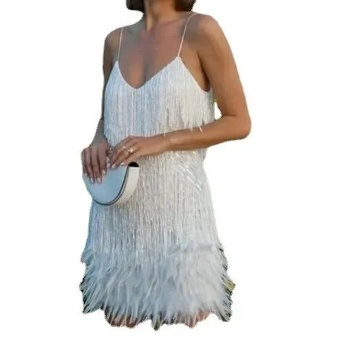 Fashionable Framed Sequins Feather Patchwork Dress Colorful Amazon Direct Sales Sleeveless Dress