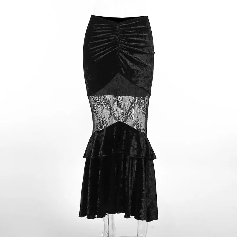 Goth Dark Ruched Vintage Gothic Velvet Skirts Grunge Mesh Splice Mermaid Skirt High Waist Elegant Partywear