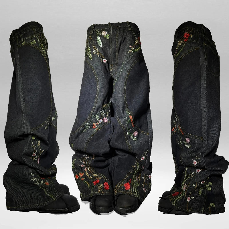 Y2K Floral Baggy Jeans Retro Blossom Embroidery Streamlined Unisex Streetwear Gothic High Street Oversized Wide Leg Pants