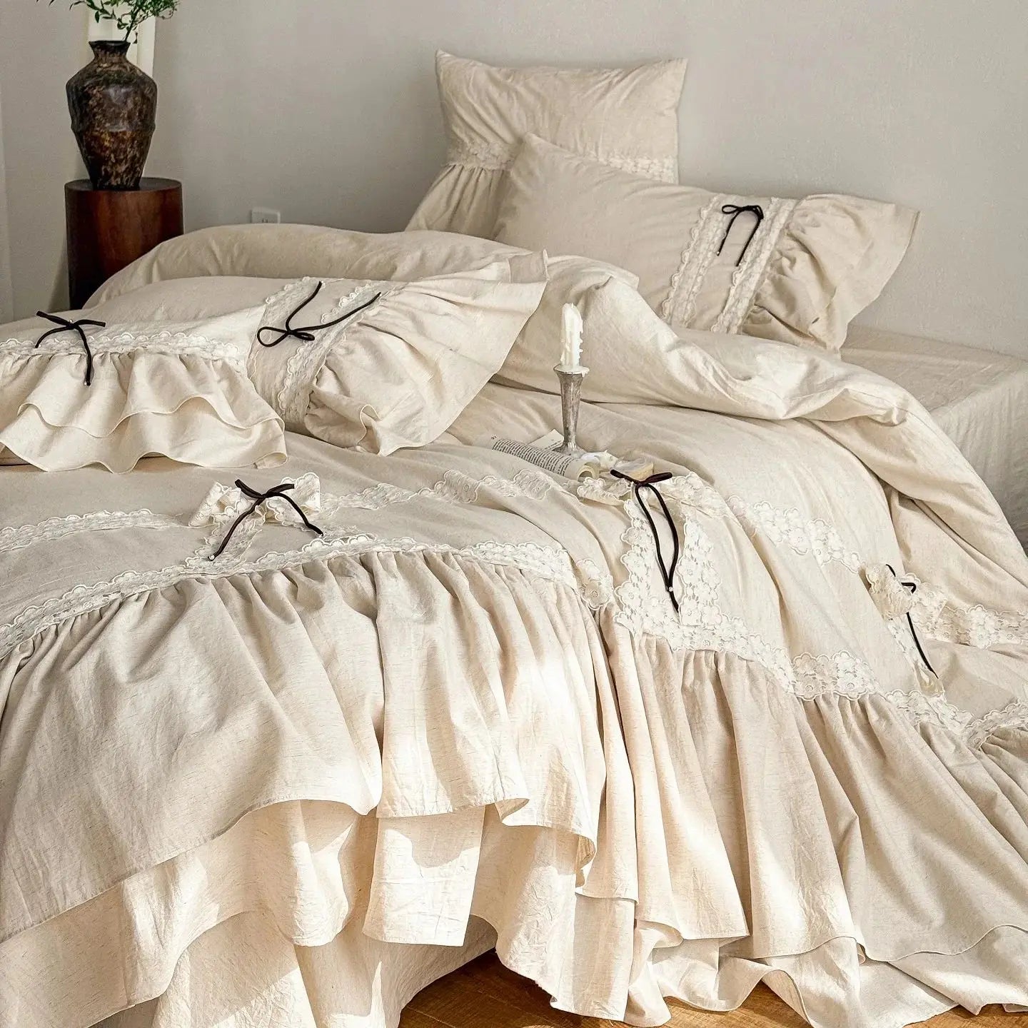 Double-layered Ruffles Lace Bow Princess Bedding Set Cotton Linen Blend Duvet Cover Set Flat/Fitted Bed Sheet Pillowcases 4Pcs