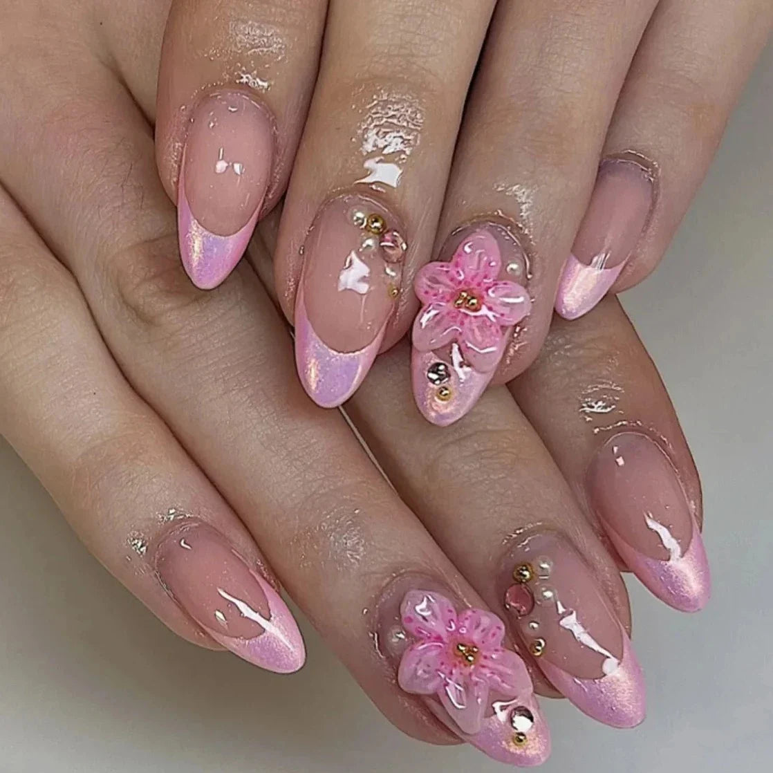 Pink Yellow Halo Dyeing Flower Water Ripple False Nails Leopard Long Pointed Fake Nails Art Press on Nails Charm Manicure
