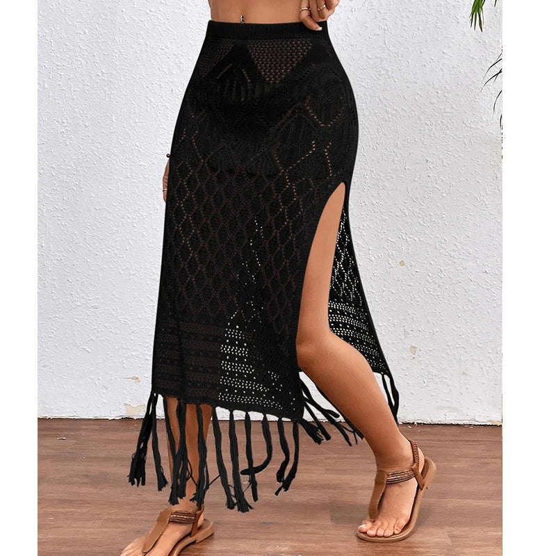Knitted Texture Sarong Skirts High Slit Tassel Cover-Up Beach Vacation Wrapped Skirt Bikini Cover Up