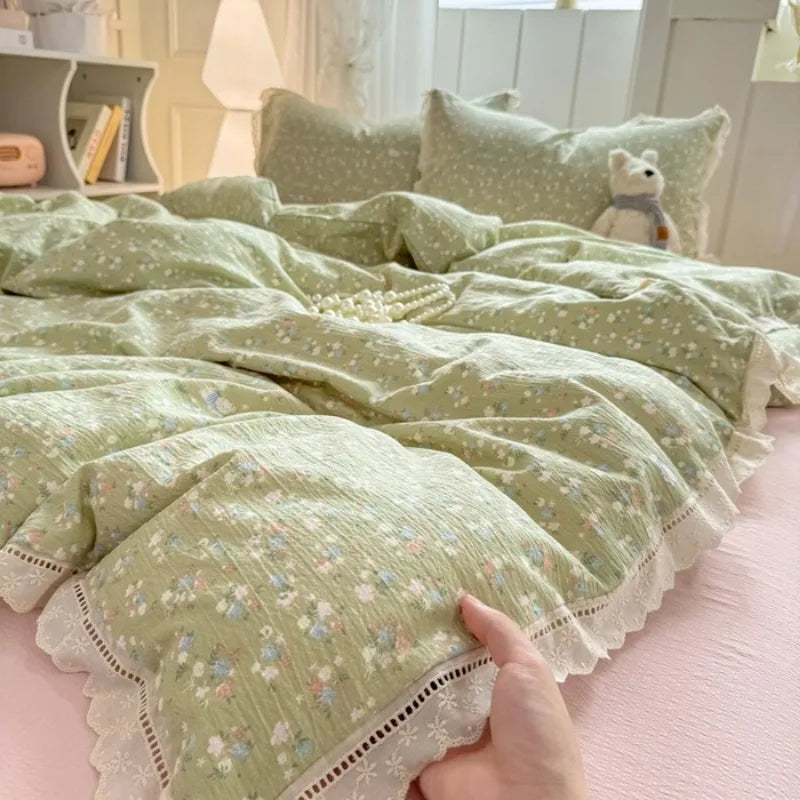 hollow lace wrinkled cotton four-piece set household student dormitory three-piece set bed sheet quilt cover