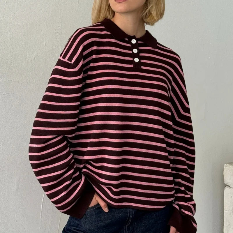 y2k Vintage Rib Knitted Striped Collared Sweater Loose Long Sleeve Pullover Knit Tops Casual Sweatirt Clothes