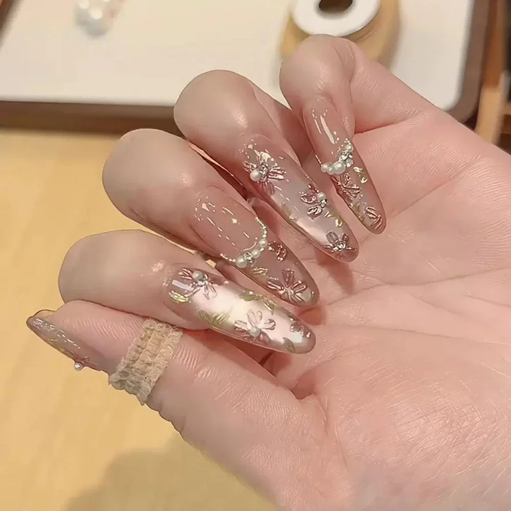 10Pcs Gentle Handwork Press On Nails French Style Flowers Butterfly Rhinestone Pearl Design Detachable False Nails Gift