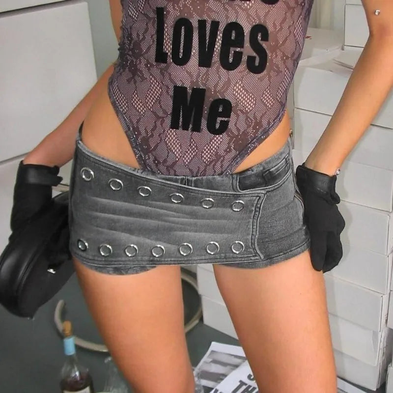 Punk high street solid color design high-end sense hole denim skirts