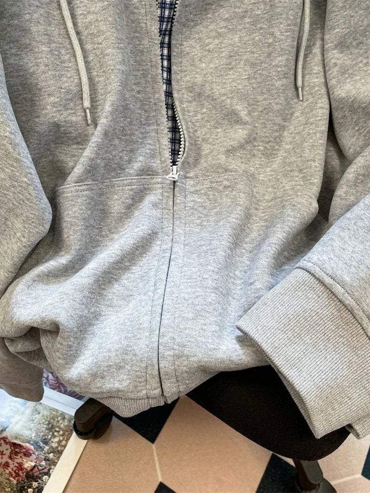 Jmprs Plaid Patchwork Vintage Hoodies Loose Preppy Style Gray Sweatshirts Fall Loose Long Sleeve Sweet Korean Tops