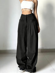 Black High Waist Wide Leg Suit Pants Pleated Front Side Tie Detail Loose Fit Casual Streetwear Trousers