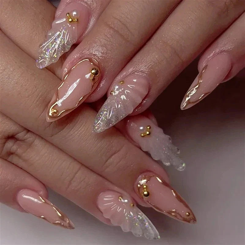Fish Scale Glitter Powder Long Pointed Fake Nail Shell Pearl Cat Eye Starfish Ripple False Nails Art Charm Press on Nails