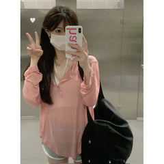 Korean Y2k Tank Top Long Sleeve V Collar Crop Top Button Sun Protection Frock Lady