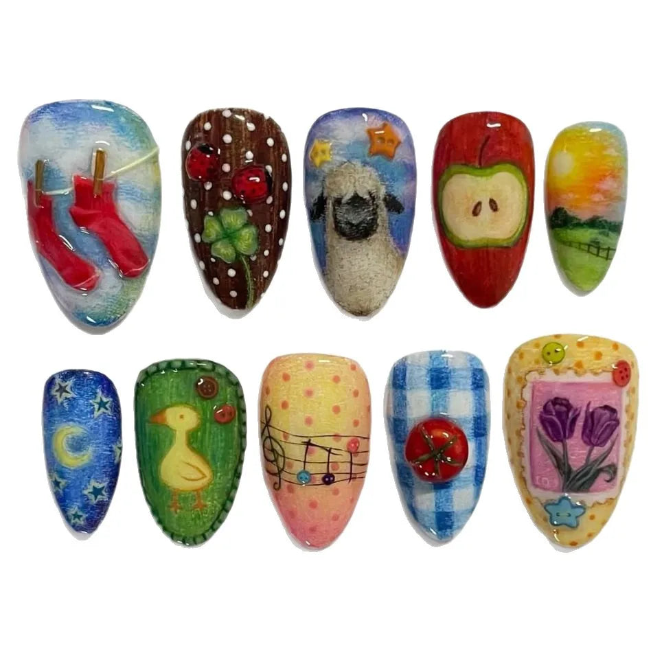 24pcs Cute Cartoon Fake Nail Tips Oil Painting Series Printed Almond Press On Nail Sweet Cool Charming False Nail