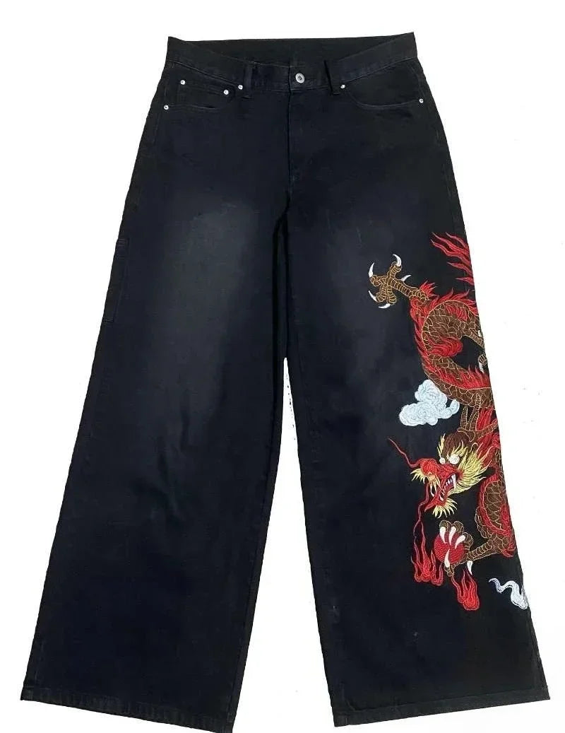 Dragon Graffiti Embroidery Dark Blue Loose Wide Leg Distressed Jeans Y2K High Waist Vintage Casual Daily Streetwear