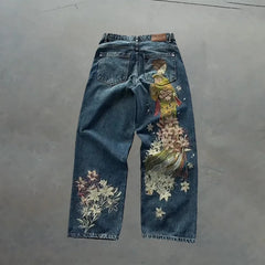 Y2K Baggy Jeans vintage Embroidered denim fabric American style jeans Gothic streetwear Hip Hop wide leg pants