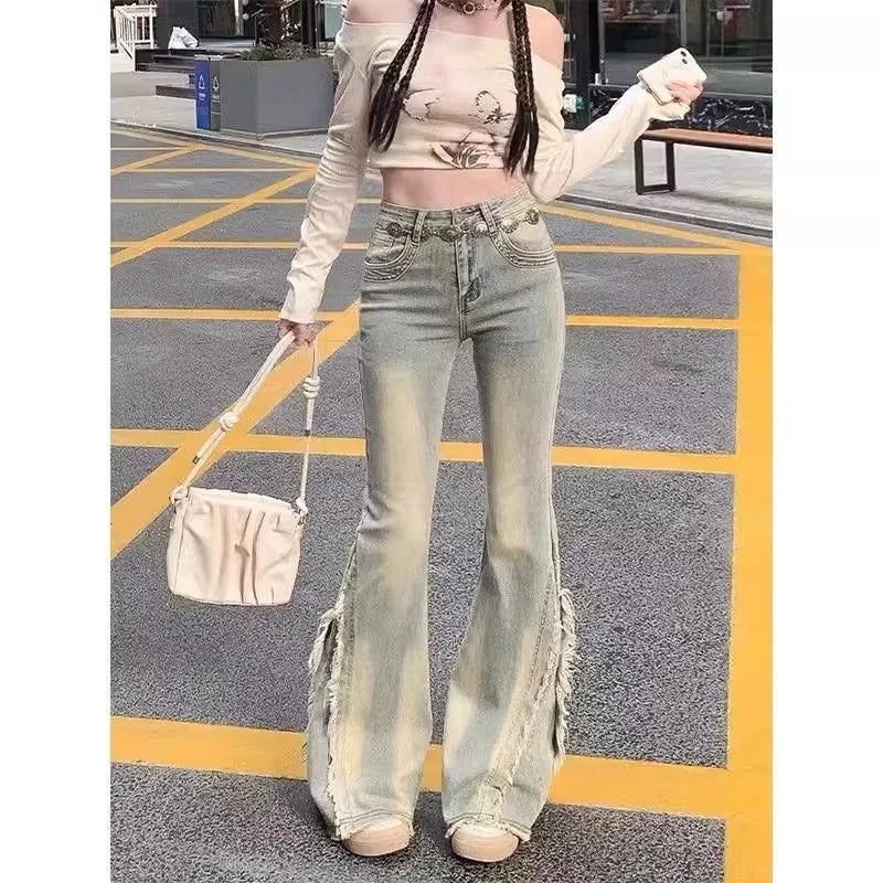 Vintage Blue Jeans High Waist American Retro 90s Raw Material Edge Design Y2k Denim Pants Streetwear Wide Leg Jeans