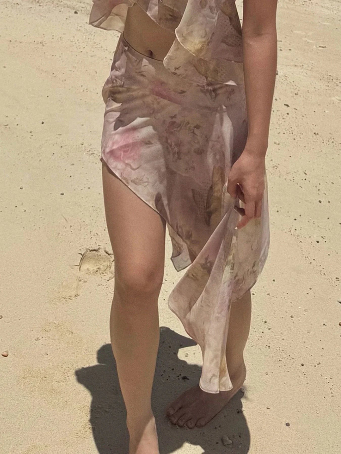 Rockmore Bohemian Floral Printed Mesh Skirt with Asymmetrical Ruffled Hem Romantic Elegant Beach Vacation Skirts