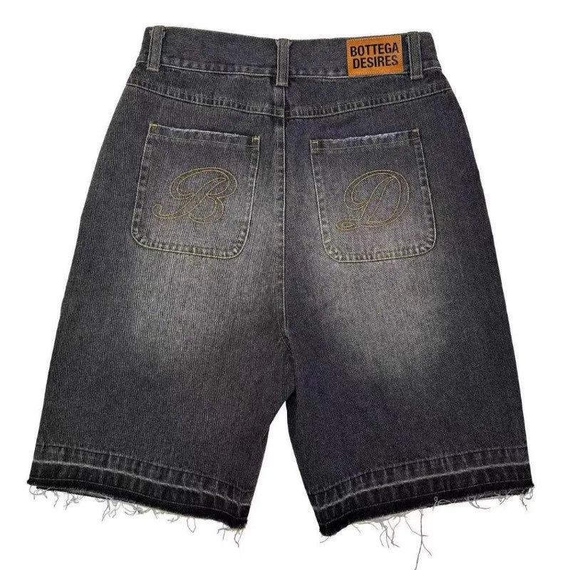 Y2k Vintage Harajuku Denim Shorts Washed Letter Embroidery Tassels American Retro Jeans Man Baggy Hip Hop Jorts