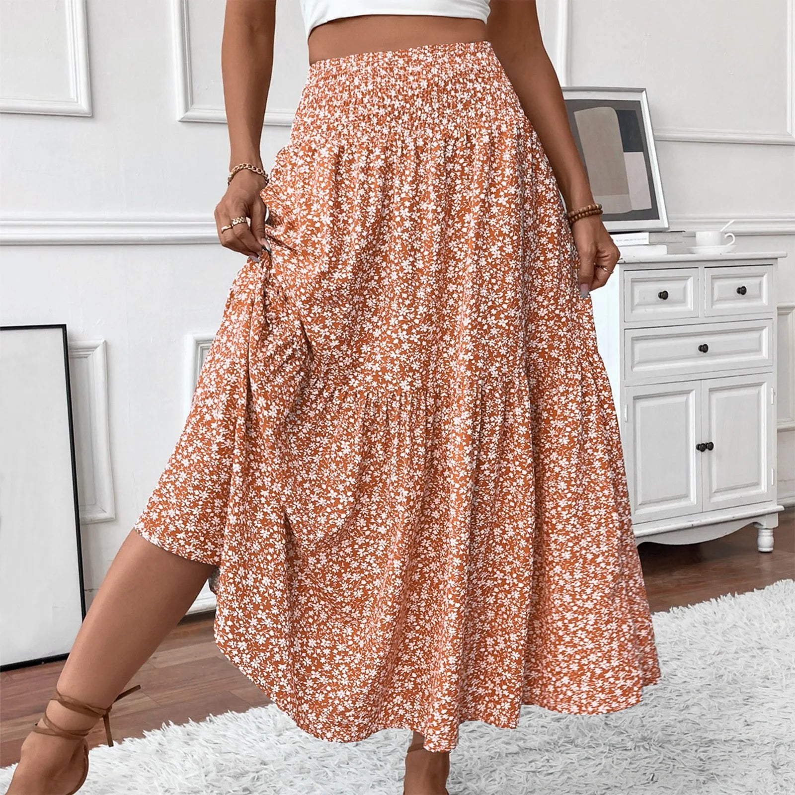 Pleated Floral Print Elastic Waist Loose Splicing A Line Skirt Skirts