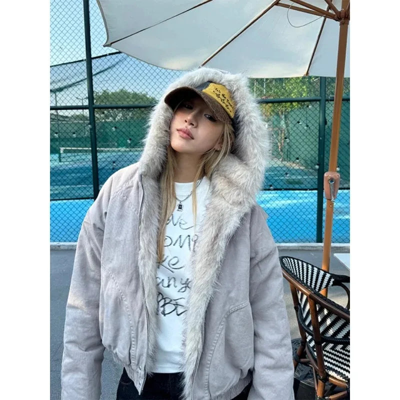 American Street Fur Collar Zipper Hooded Jacket Retro Velvet Thickened Warm Loose