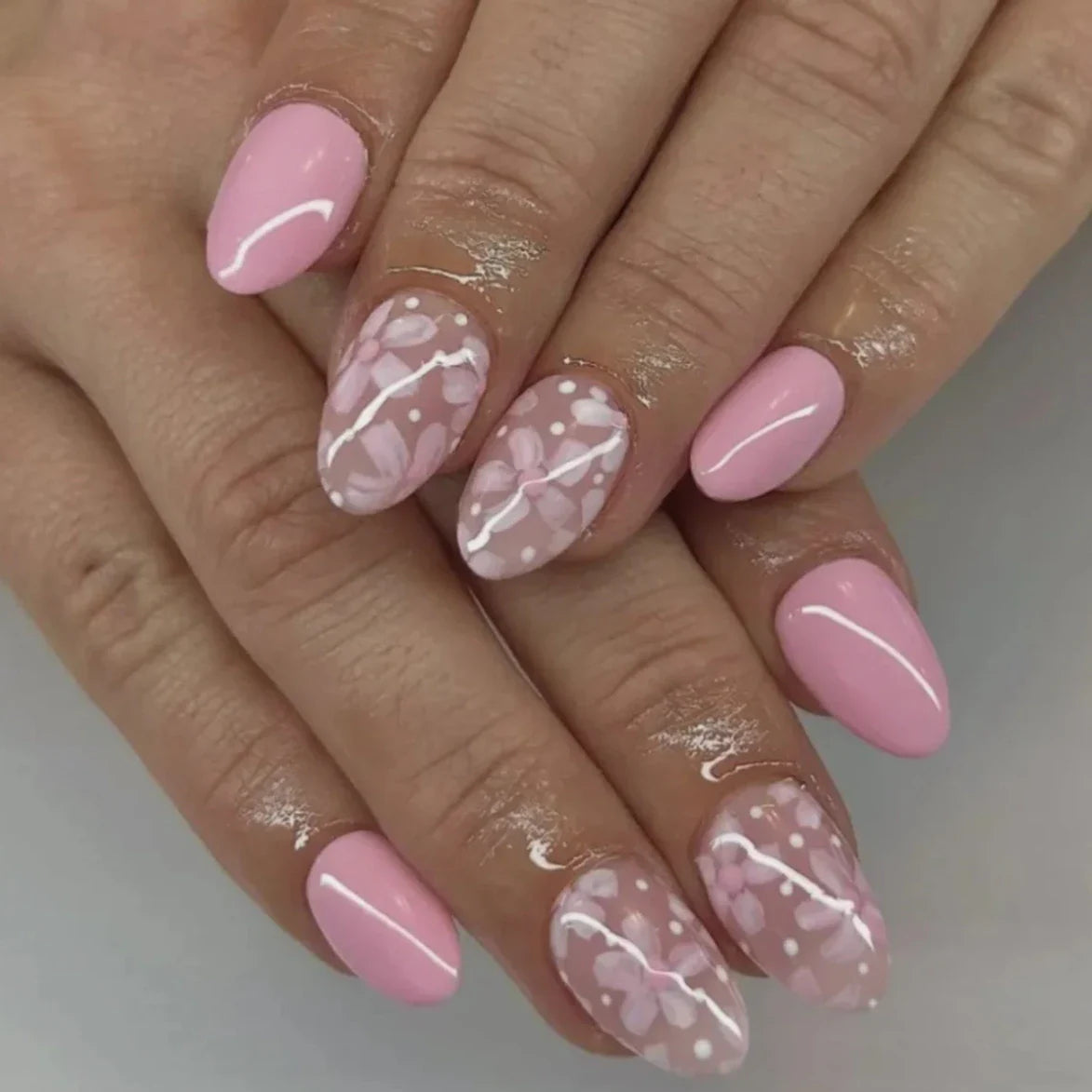 Pink Yellow Halo Dyeing Flower Water Ripple False Nails Leopard Long Pointed Fake Nails Art Press on Nails Charm Manicure