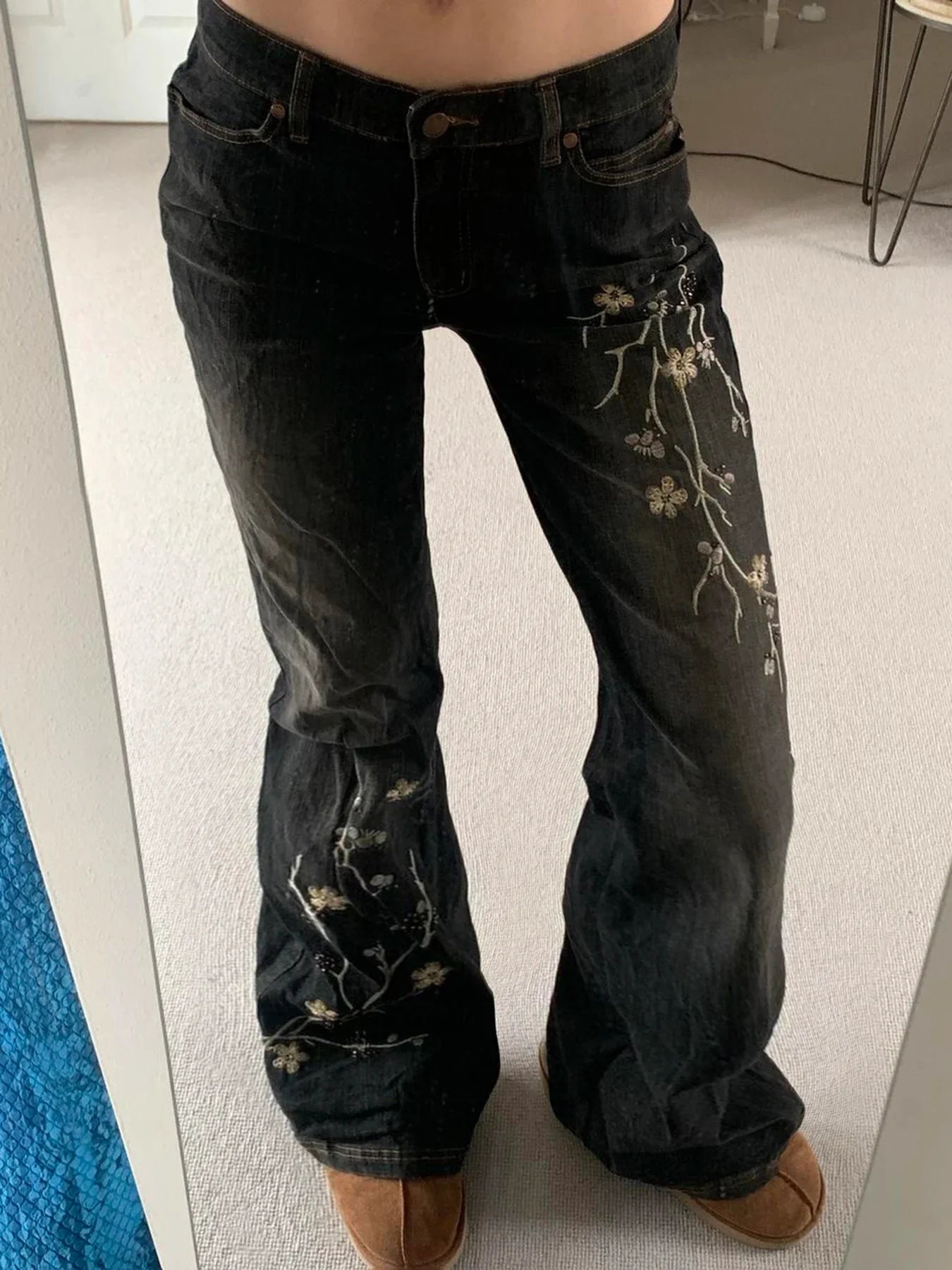Weekeep Floral Embroidery Jeans Vintage 2000s Low Rise Flared Jeans Retro y2k Baggy Denim Pants High Street Basic Trousers