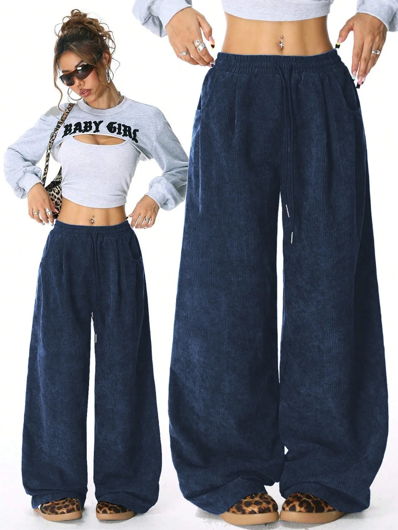 Retro Corduroy Cargo Pants Casual Drawstring Straight Sports Pants Drape Daily Commuting Wide Leg Pants