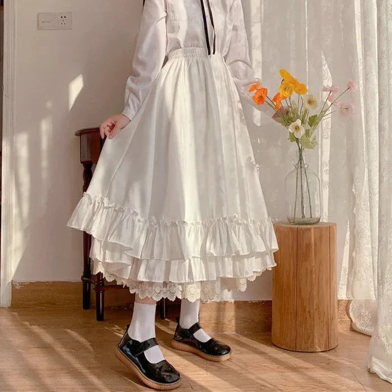 Sweet Midi Skirt Lace Patchwork Bow Preppy Fall Loose Casual Skirts Japanses Ruffle High Waist Solid Chic Skirt