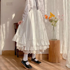 Sweet Midi Skirt Lace Patchwork Bow Preppy Fall Loose Casual Skirts Japanses Ruffle High Waist Solid Chic Skirt