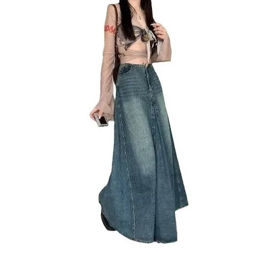 Sweet Cool Retro Distressed Denim High Waist A- Line Long Skirt Wrap Body Skirt Cotton Pure Color