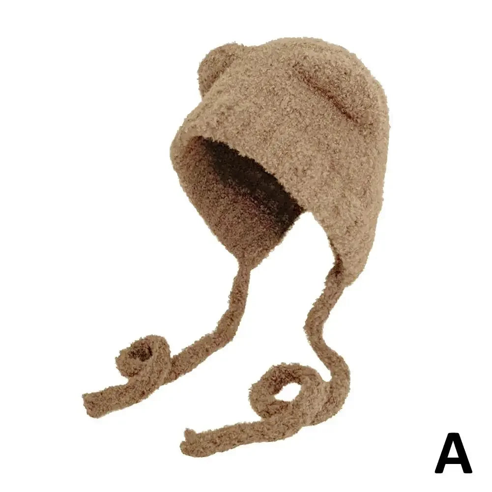 Plush Beanies Cute Bear Ear Wool Hat Warm Lace-up Gorros Knitting Cap Bonnets Protection Bomber Korea Ear Knit X4L2