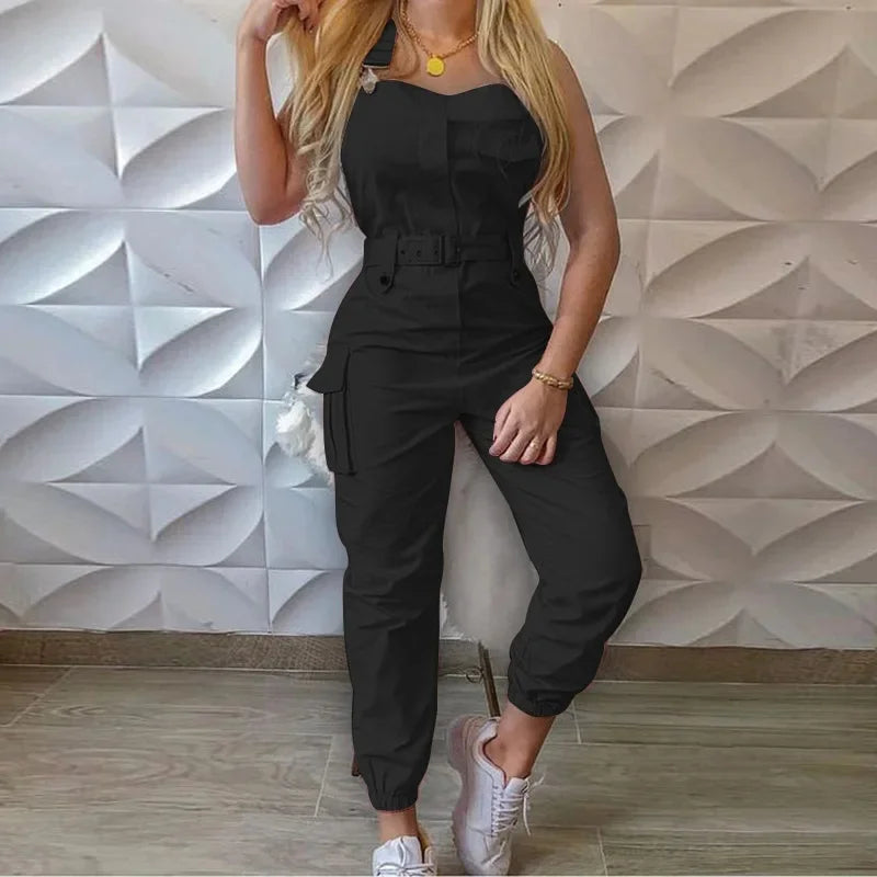 Wish Utility Jumpsuit Beltless Sleeveless Simple Tied Pants Working Uniform Cross-border Style from HongKong