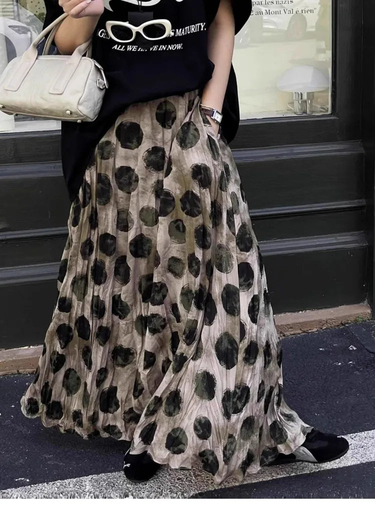 Elegant Green Dot Skirt Vintage High Waisted Holiday Beach Skirt A Line Skinny Print Tie Dye Pretty Style Skirt