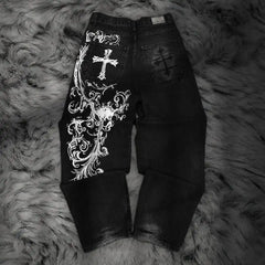 Y2K Style Harajuku Stripe Embroidery Baggy Jeans High Street Retro Hip Hop Casual Couple Wide-leg Denim Pants