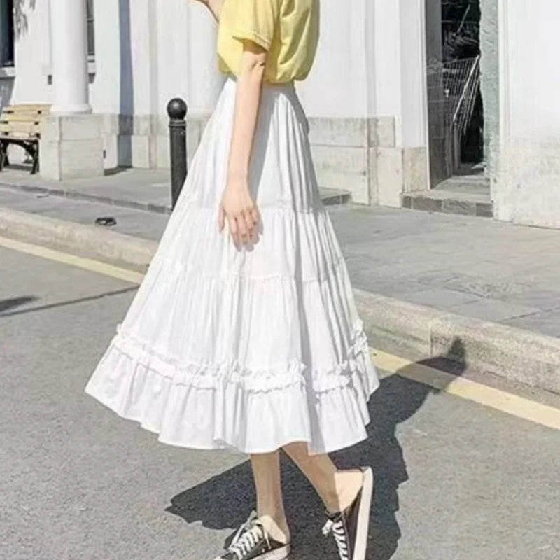 Casual Vintage Skirt Matching Chic Lady's White Skirt Sweet Girl's Cake Skirt Elastic Waist A-Line Mid Length Flare Skirt