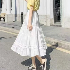 Casual Vintage Skirt Matching Chic Lady's White Skirt Sweet Girl's Cake Skirt Elastic Waist A-Line Mid Length Flare Skirt