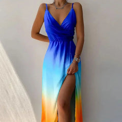 Print Dress Camisole V Neck Sleeveless A Line Long Dresses Spaghetti Strap Evening Skirt Prom Vestidos