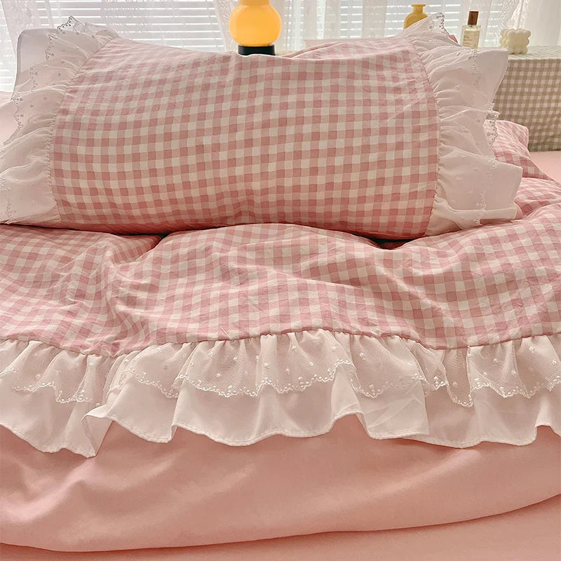 3 Piece Sheet Set pink plaid duvet cover Set