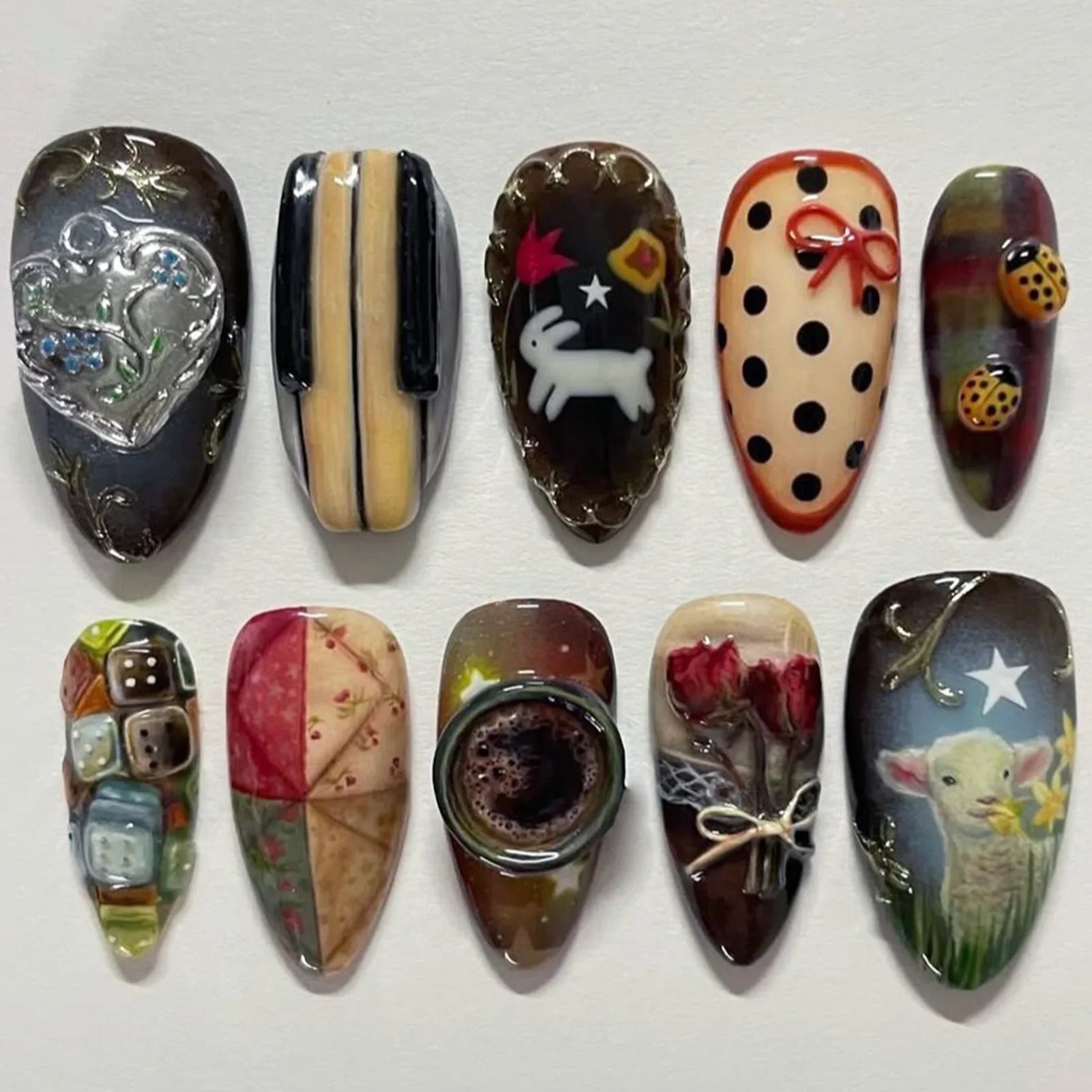 24pcs Flower Print Press on Nails Wine Red Blush Almond False Nail Tips Wearable Reusable Spicy Girl Fake Nails