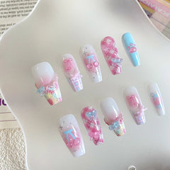 10pcs pure handmade coffin shaped nail art, beautiful fake nails, playful pink white blue nail art, suitable