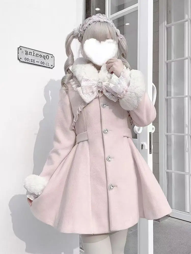 Design Elegant Pink Slim Woolen Cloth Coat Kawaii Sweet Warm Fur Collar Bow Lace Patchwork Casual Overcoat