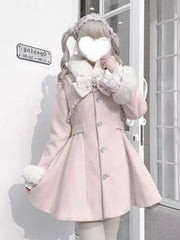 Design Elegant Pink Slim Woolen Cloth Coat Kawaii Sweet Warm Fur Collar Bow Lace Patchwork Casual Overcoat