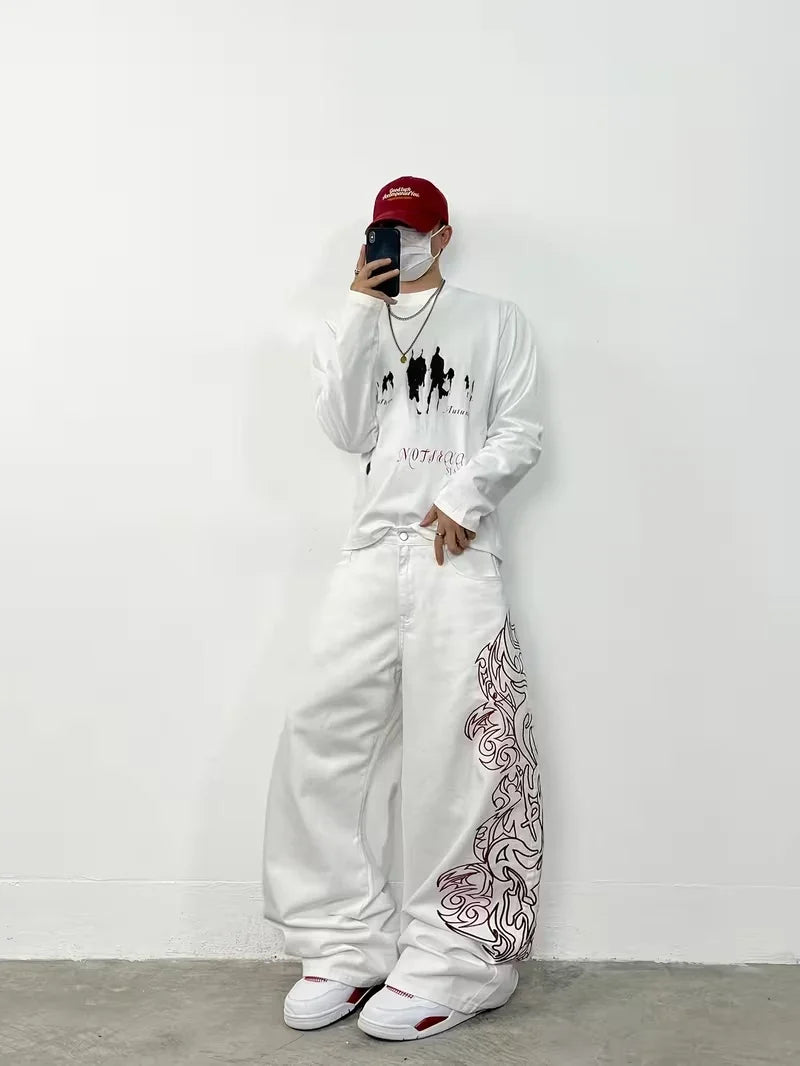 Unisex White Red Tribal Flame Print Loose Wide Leg Jeans Y2K Grunge Streetwear Oversized Denim Pants